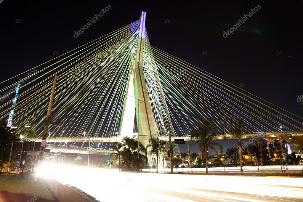 Bridge suspended on cables lit with LED lights