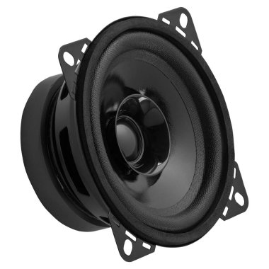 Beyaz renkte izole edilmiş siyah bir ses hoparlörü sürücüsünün açılı yakın çekimi, ses sistemi veya elektronik kullanım için koni dokusu ve inşaatı vurgulanıyor.