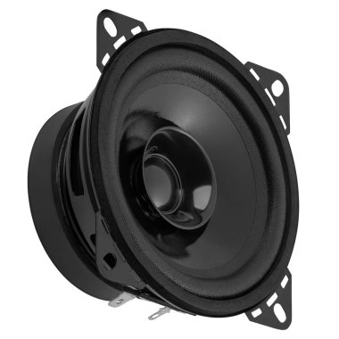 Beyaz, koni şeklini gösteren ve ses sistemi uygulamaları için montaj çerçevesini gösteren siyah bir ses hoparlörü sürücüsünün açılı perspektifi.