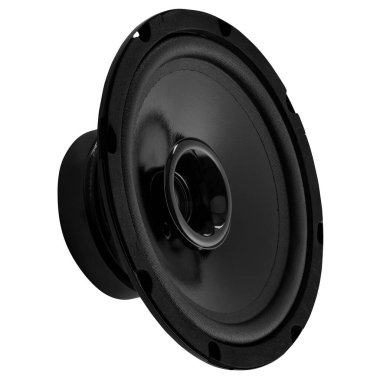 Beyaz renkte izole edilmiş siyah ses hoparlörü perspektifi, ses mühendisliği içeriği için koni derinliği ve çerçeve inşaatını vurguluyor.