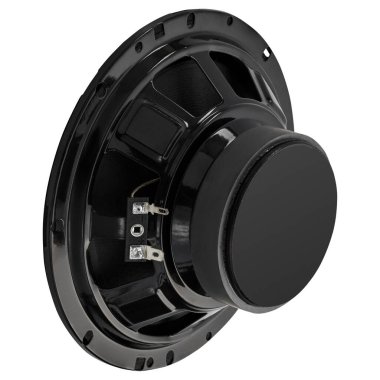 Mıknatıs konutları ve terminalleri gösteren, elektronik, onarım ve ses sistemi belgelerine uygun siyah bir ses hoparlörü sürücüsünün arka açılı görünümü.