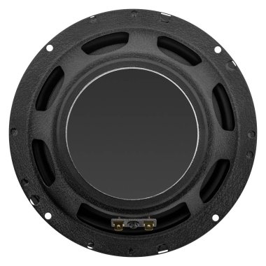 Teknik veya ürün belgeleri için mıknatıs konutları ve sepet menfezlerini gösteren orta menzilli bir araba ses hoparlörünün arka görünümü.