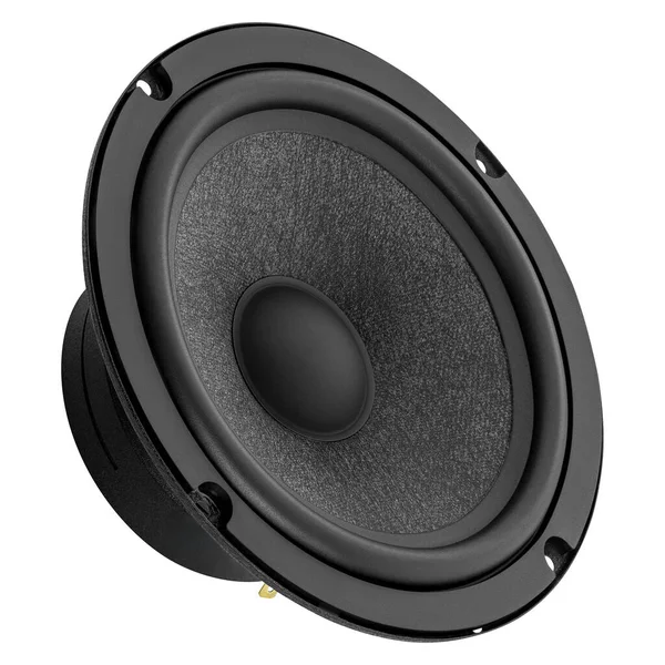 Koni şeklini vurgulayarak ve otomotiv ses uygulamaları için kalite geliştirerek, beyaz arka planda bir araba ses aralığı hoparlörünün açılı yakın plan görüntüsü.