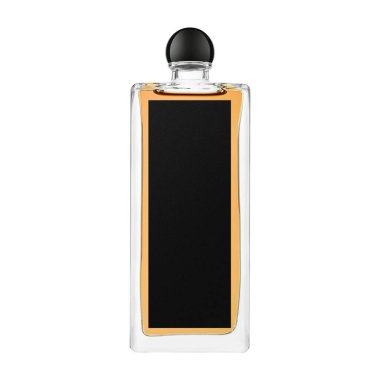 Beyaz arka planda kehribar kokusuyla dolu şeffaf cam parfüm şişesinin stüdyo fotoğrafı. Lüks koku markalaşması, kozmetik tasarım ve reklam tasarımları için ideal..