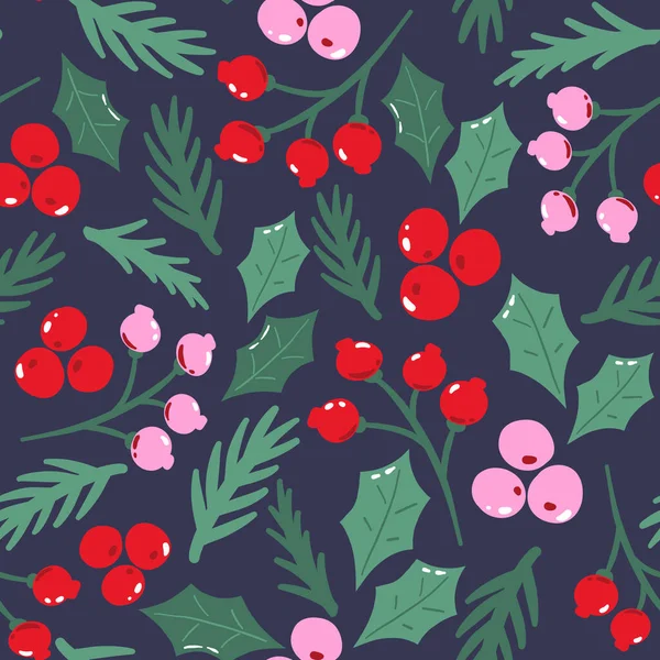 Seamless Pattern Traditional Christmas Foliage Repeat Design Red Pink Berries — Stock Vector