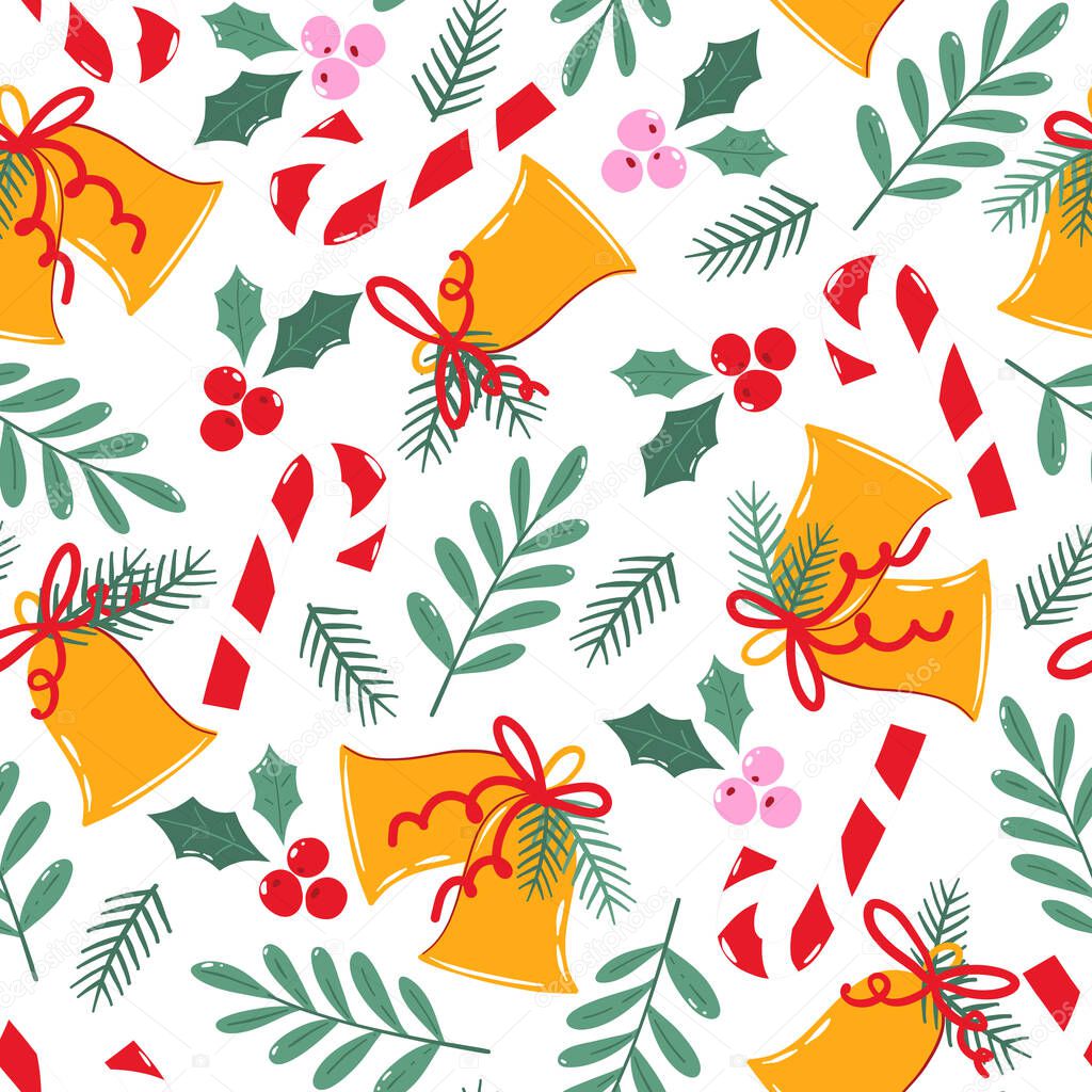Seamless pattern with traditional Christmas decoration. Busy repeat design for wrapping paper or textile with bells, foliage and berries on white background