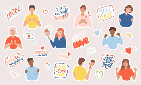 Stickers Met Mensen Motiverende Zinnen Harten Concept Van Lichaam Positief — Stockvector