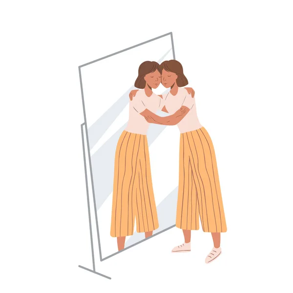 Kvinnan Står Nära Spegeln Och Kramar Sin Egen Spegelbild Begreppet — Stock vektor