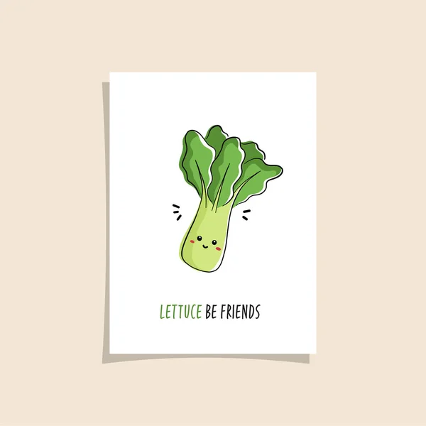 Simple Card Design Cute Veggie Phrase Lettuce Friends Kawaii Drawing — Stock Vector