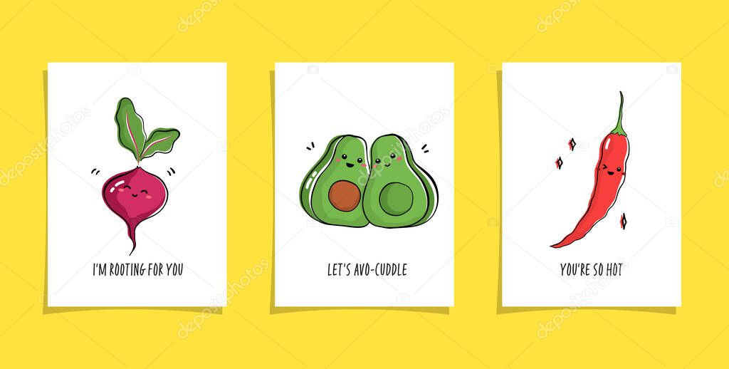 Set of cards with veggies and funny phrases. Puns with cute beetroot; avocado and chilli pepper. Kawaii drawing of vegetables.