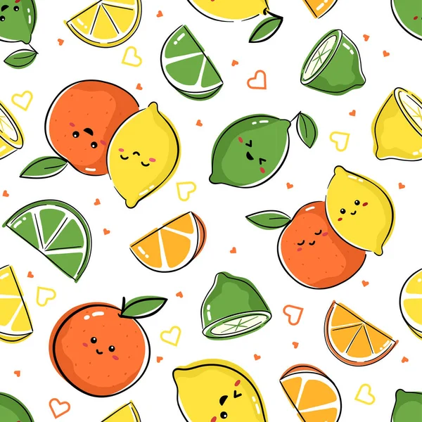 Patrón Sin Costuras Con Frutas Kawaii Diseño Alegre Para Ropa — Vector de stock