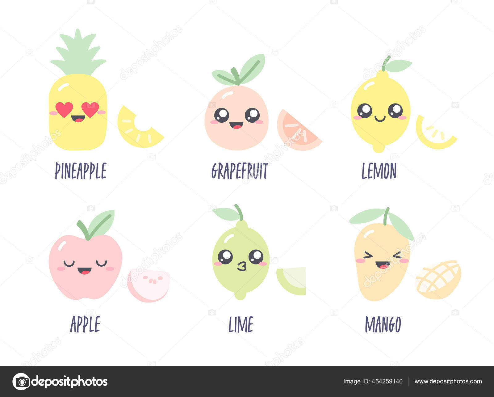 パステルカラーのフルーツキャラクターとかわいい図面のコレクション フルーツアップル パイナップル ライム レモン グレープフルーツ マンゴーなどのカワイイイラストがセットになっています ストックベクター C Tannikart