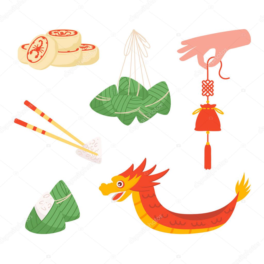 Set of illustrations about dragon festival with traditional food - dumplings, five poison cake, perfume pouch and boat