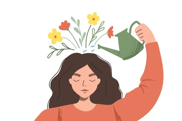 Přemýšlet Pozitivně Jako Smýšlení Žena Zalévající Rostliny Které Symbolizují Šťastné — Stockový vektor