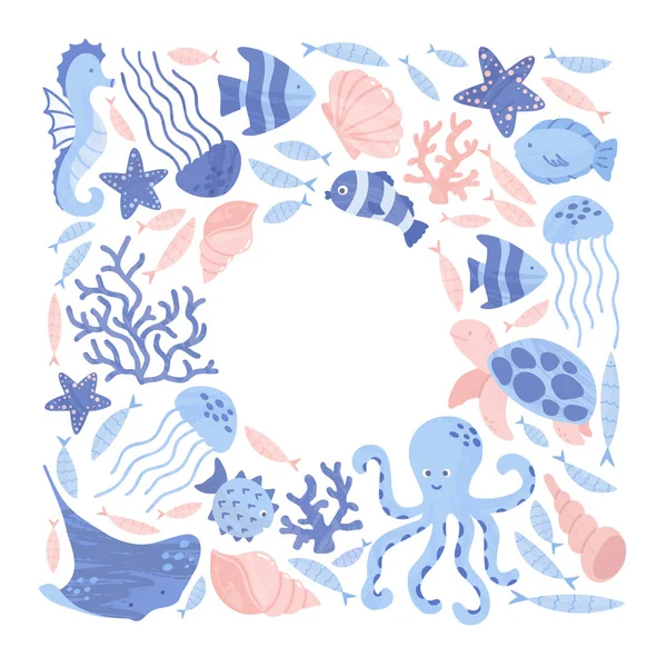 Sealife Creatures Arranged Balnk Space Text Pre Made Card Poster — 스톡 벡터