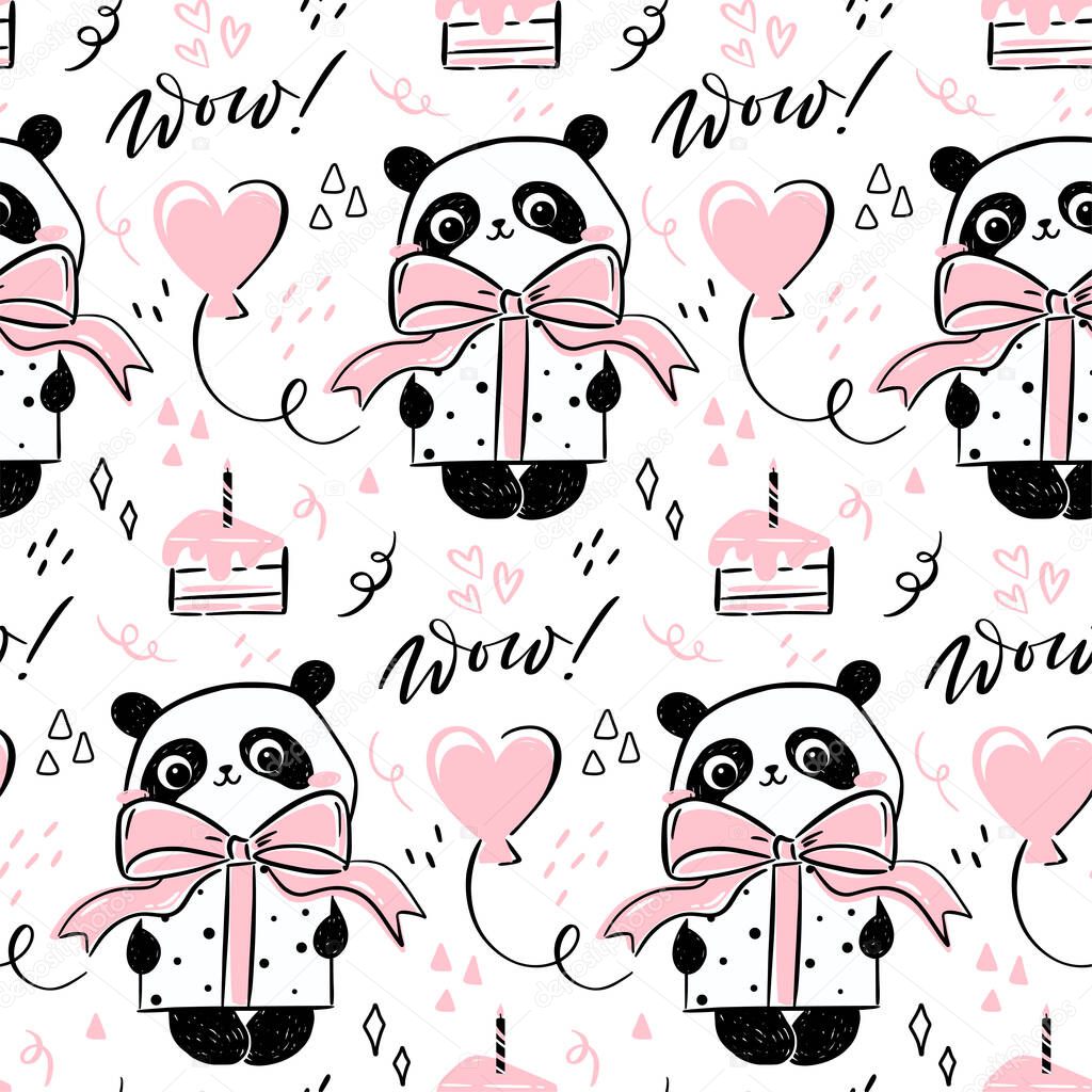 Little panda - seamless pattern. Seamless design with cute hand-drawn panda character holding a present with a bow