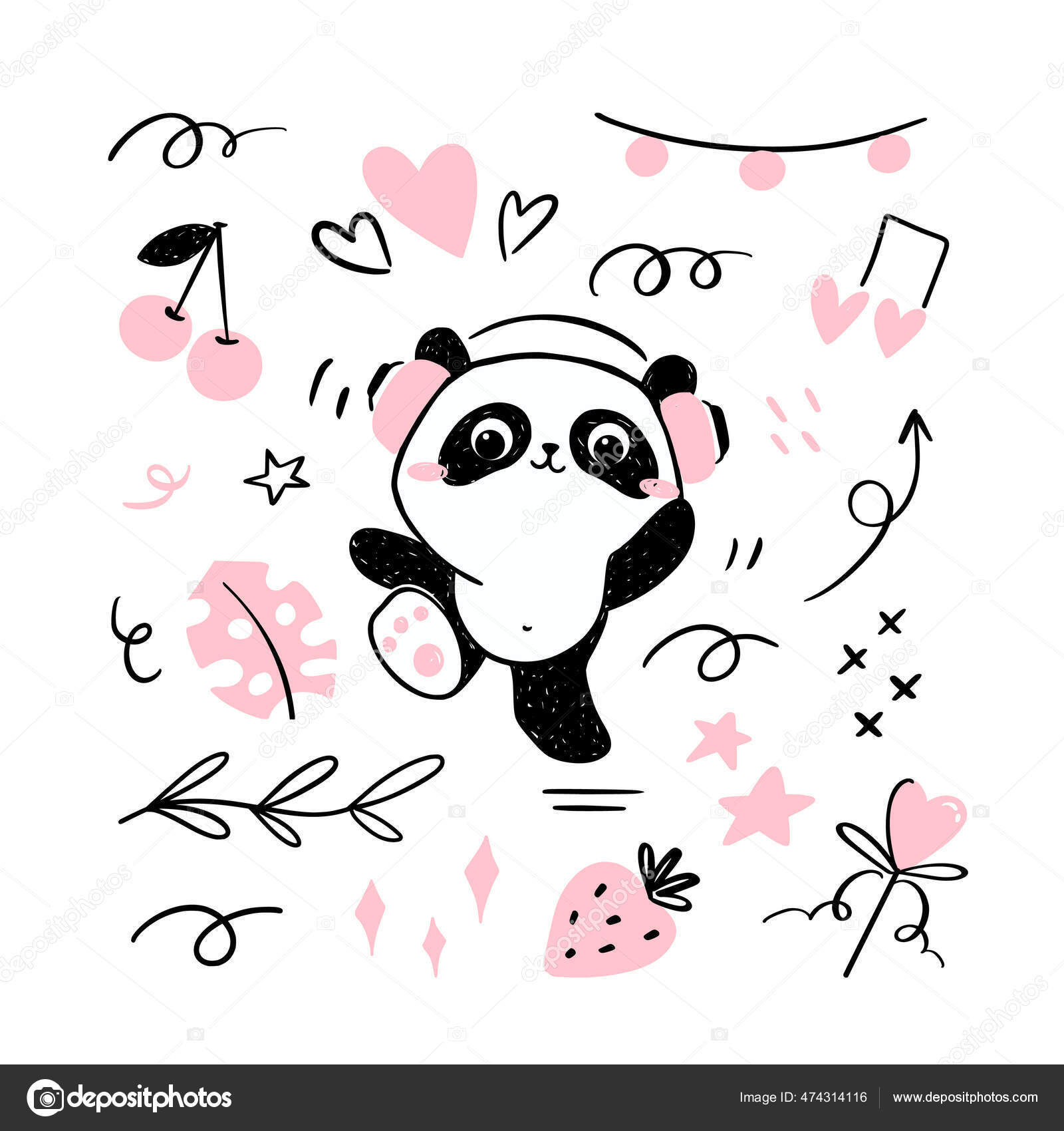 Menina panda bonito dos desenhos animados com fones de ouvido ouve