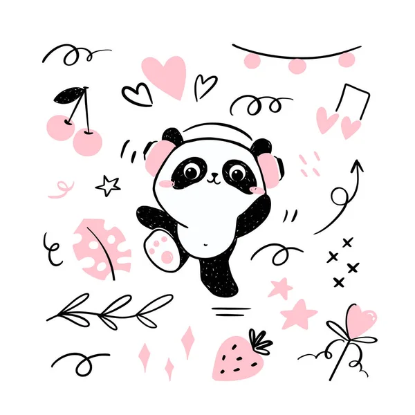 Pequeño Panda Set Clipart Ilustración Lindo Panda Escuchando Música Auriculares — Vector de stock