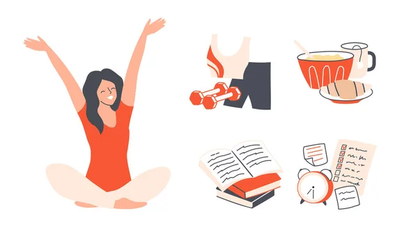 Счастливая Женщина Растягивает Планирует Свой День Чтение Упражнения Здоровый Завтрак — стоковый вектор