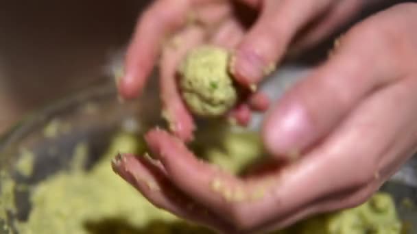 Kucharz wytwarzający kulki falafelowe z mieszanki ciecierzycy, przypraw i ziół. — Wideo stockowe