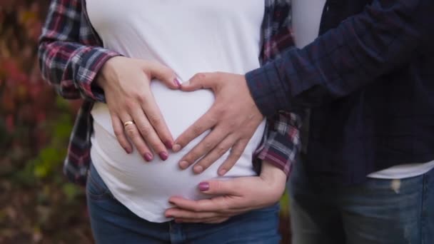A leendő anya és apa fiatal párja egy szívjelet ábrázol egy terhes lány hasán a kezükkel.. — Stock videók