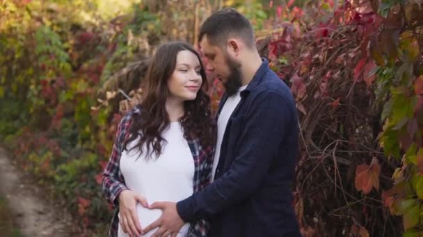 Pregnant couple shows a heart sign on the girls belly standing in the autumn forest. — Stock Video