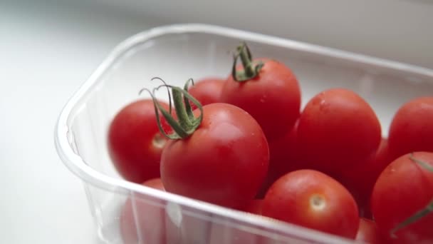 Pencere kenarındaki şeffaf plastik kutuda olgun kırmızı organik domatesler veya kiraz domatesleri.. — Stok video