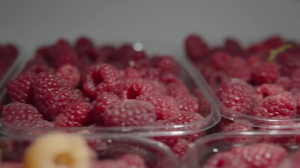 熟したラズベリーのジュース選択された果実、冷蔵庫の高品質の有機果実. — ストック動画