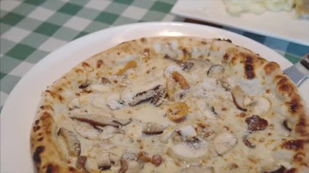 Deliciosa pizza con queso parmesano y diferentes setas. — Vídeos de Stock