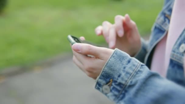 Nahaufnahme der Hände mit dem Smartphone im Park. — Stockvideo