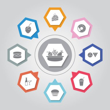 Yiyecek ve içecek ikonu. Gri Radyasyon arkaplanındaki basit düz vektör simgeleri