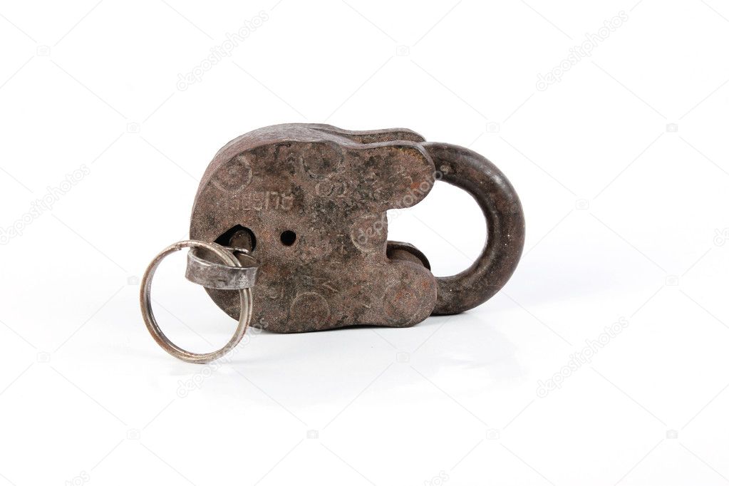Old padlock and key. Isolated with clipping path