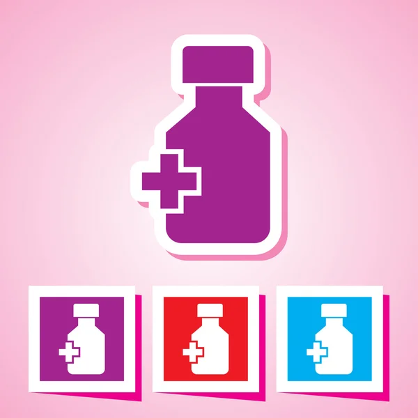 Colorata icona modificabile della bottiglia di medicina e pillole su starburst — Vettoriale Stock