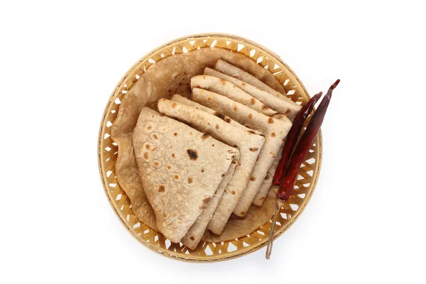 Roti Paratha isolated on white. Indian Bread in wooden Basket — Stock Photo, Image