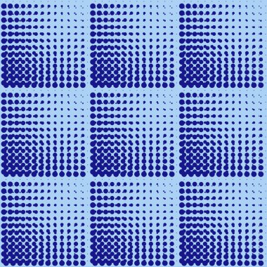 Mavi arka plandaki farklı boyutlardaki noktaların geometrik deseni. Şişkinlik illüzyonu. Kumaş, kağıt için..