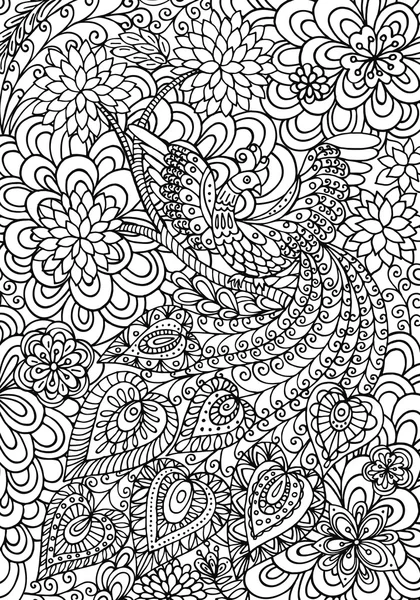 Розмальовка павич і квітковий сад — стоковий вектор