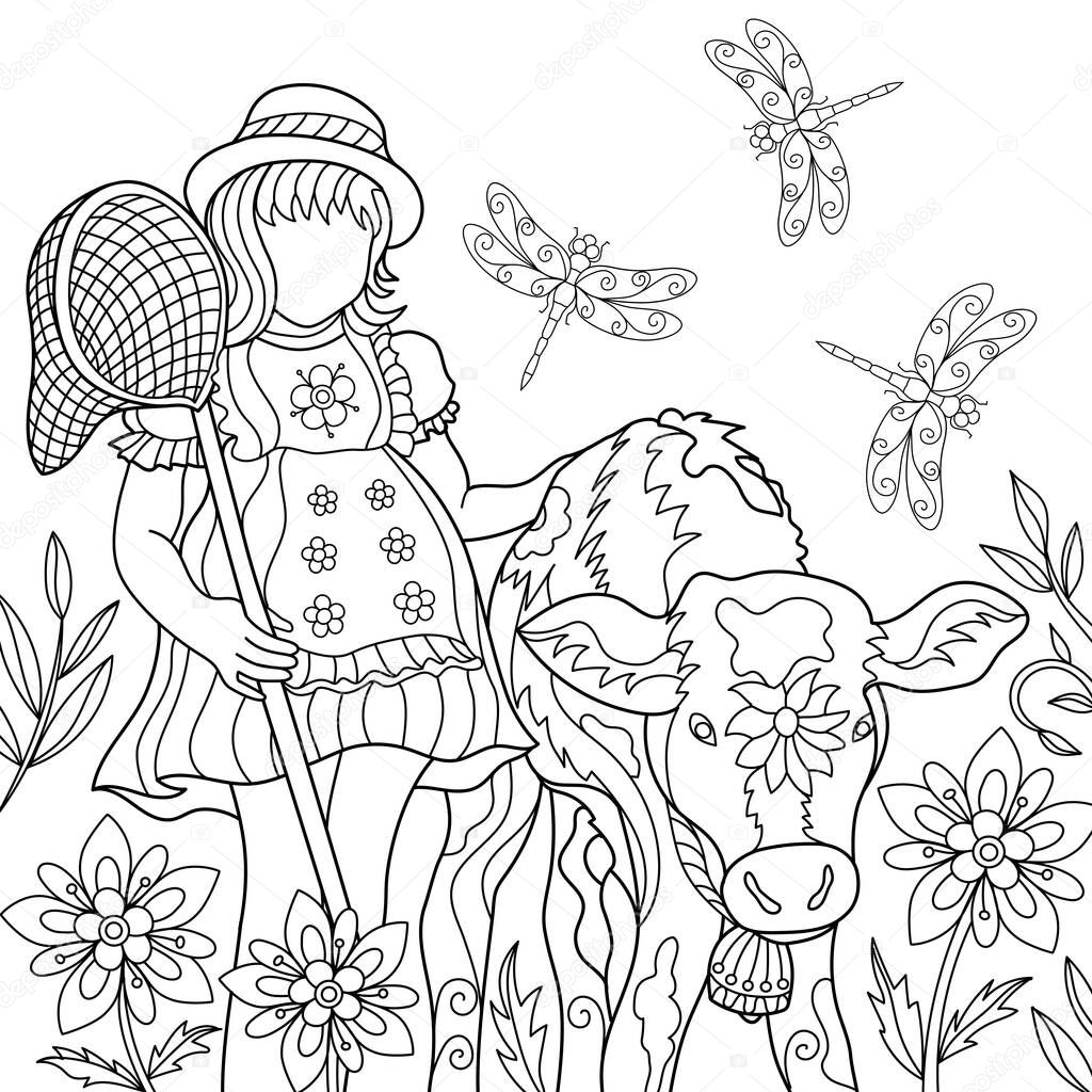 Cute little girl with butterfly net and calf kid interacting coloring page for children. Background 2021. Black and white vector illustration.