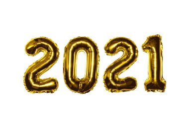 2021 Kutlama için mutlu yıllar altın folyo balonları. Herhangi bir boyut ve arkaplan rengi için izole vektör çizimi