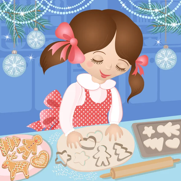 Girl and Christmas baking ginger cookies — Stock Vector