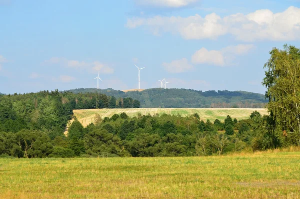 Blick auf die Landschaft mit Windrädern im Hintergrund — Stockfoto