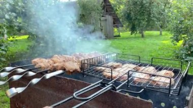 Izgara sosis, açık havada ızgara yapmak. B-B-Q. Bulaşık, ızgara, kızartılmış ve kömür üzerinde tütsülenmiş. Lezzetli eti olan bir ızgaraya dönüşüyor. Piknik ve kamp için sokak yemekleri konsepti