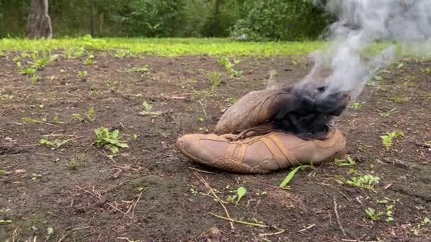 Luk op gamle sneakers brænde på jorden på baggrund af grønt græs på en solrig sommerdag. Tyk grå røg kommer ud af sportssko. koncept gamle ubehagelige sko. Sportsudstyr 4k – Stock-video