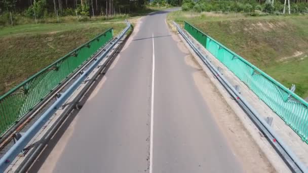 Car drivers with a cargo is driving on an intercity speed highway to customer through a picturesque rural area. Delivery and logistics of goods. Coniferous trees and Hills in Background on a sunny day — Stok video