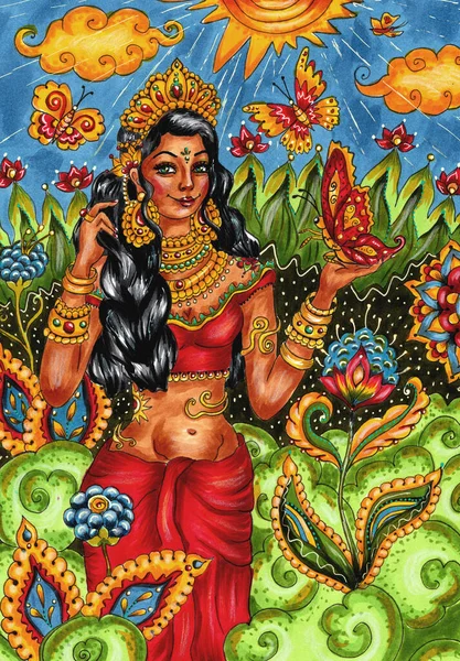 Geleneksel Kırmızı Elbiseli Güzel Hindu Tanrıçası, Kelebekli Altın Süsler, renkli çizimler