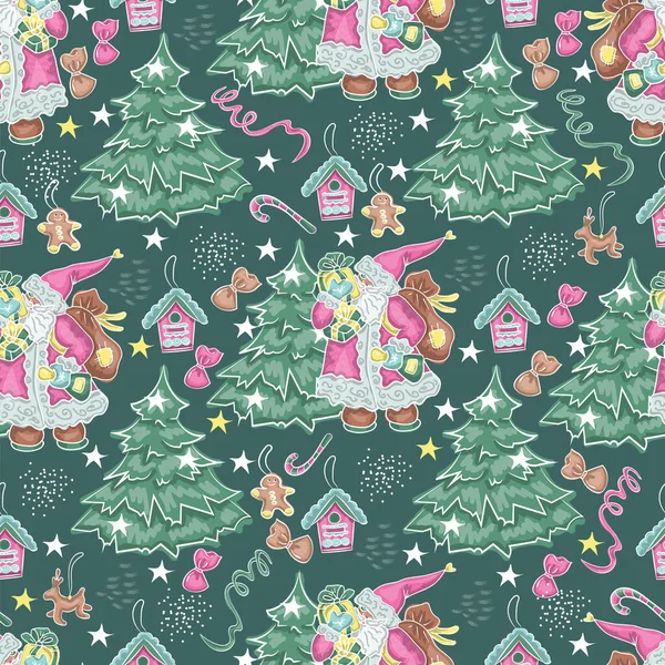 Yeşil arka planda Noel Baba ve Xmas ağacı olan kusursuz mutlu Noeller.