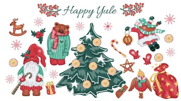 Feliz yule clipart conjunto con gnomo, elfo, oso en suéter, árbol de yule. Elementos de Feliz Navidad. — Vector de stock