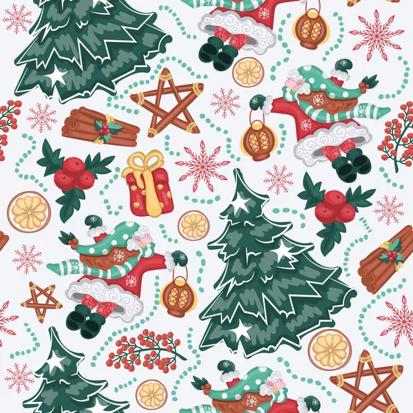 Noel şablonu, elf ve xmas ağacıyla kış geçmişi. İskandinav Noel 'i kusursuz desen.