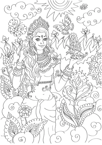 Diosa india adulto para colorear página del libro. Kerala mural estilo para colorear libro — Foto de Stock