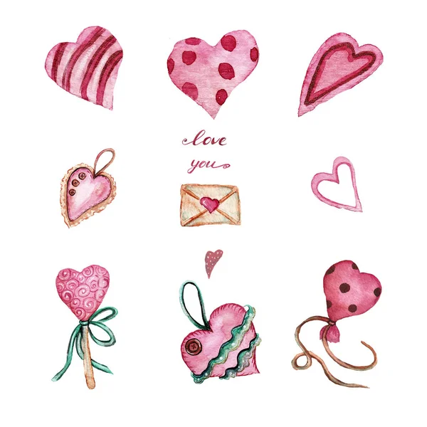 Love you cute clipart with various pink hearts isolated on white background — Stock Photo, Image
