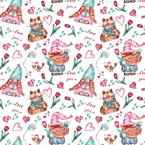 Romantic love gnomes seamless pattern. Spring background. Happy Valentines day pattern